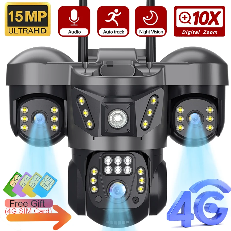 

15-мегапиксельная трехэкранная HD IP-камера с тремя объективами и 4G Sim, наружная цветная камера ночного видения, охранное наблюдение, 10-кратный зум, видеомонитор