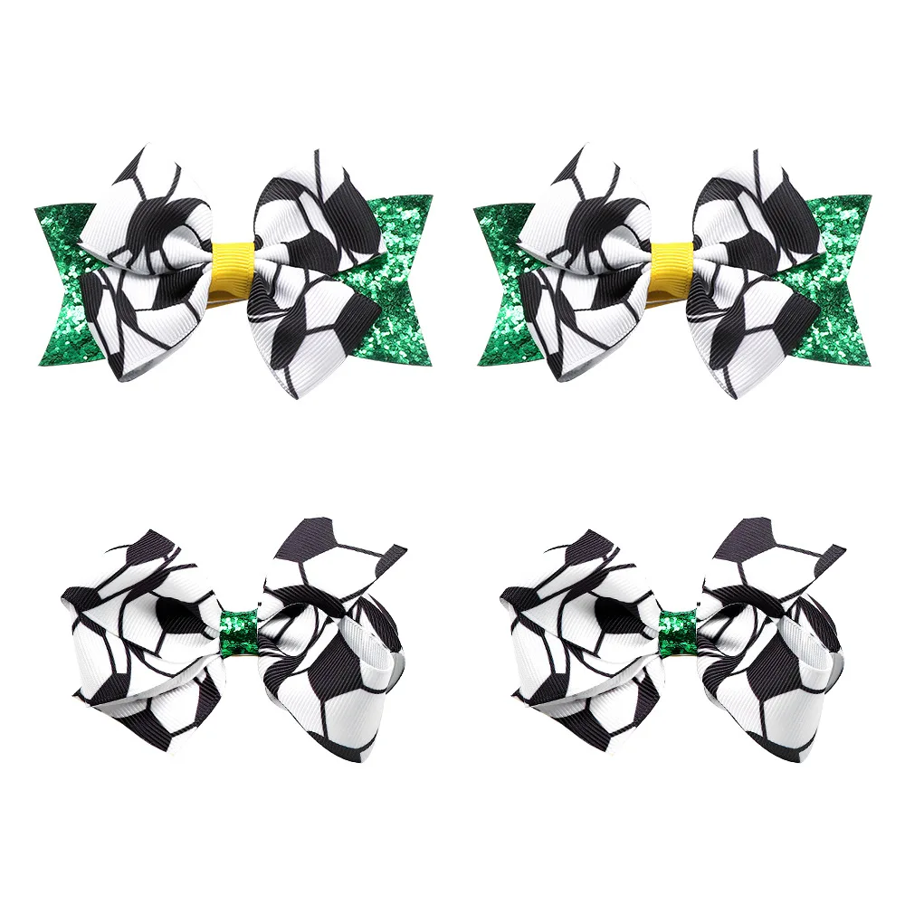 Football Fan Sparkly Headwear Soccer Print Hair Bow Clips for Girls and Women 2pcs/Set