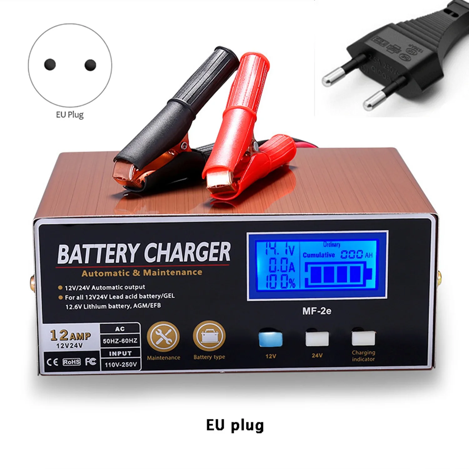 EU Plug Full Automatic Car Battery Charger Intelligent Pulse Repair Battery Charger for 12V/24V Truck Motorcycle