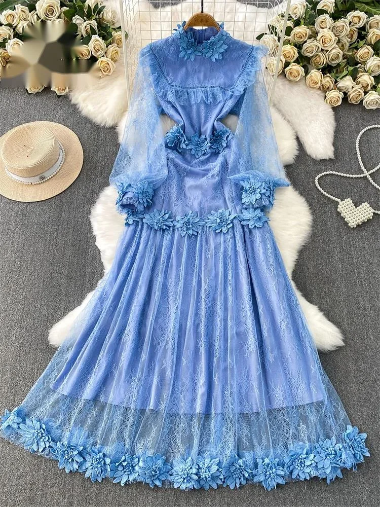 

Embroidery 3D Flower Dress Sheer Long Sleeves Aesthetic High Quality French Style Court Fairy Lace Prom Maxi Dress