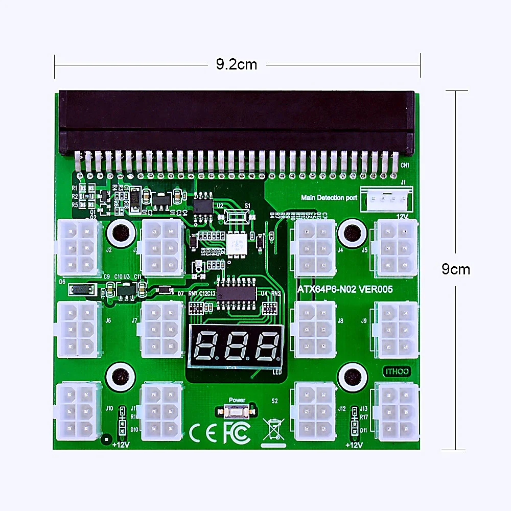 12 Port 6 Pin 12V Power Supply Breakout Board with LED Digital Display for 1200W 1000W 750W PSU