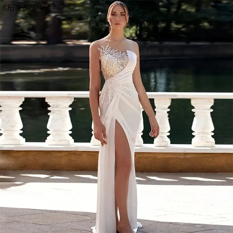 

Luxury White Women's Evening Dress Sleeveless Sequin Beads Prom Pageant Formal Party Gowns Celebrity Wear Robe De Soiree