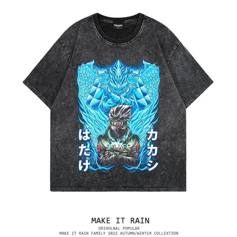 NARUTO Kakashi Anime dibujos animados personalidad versátil lavable envejecido impreso camisetas de manga corta para hombres y mujeres