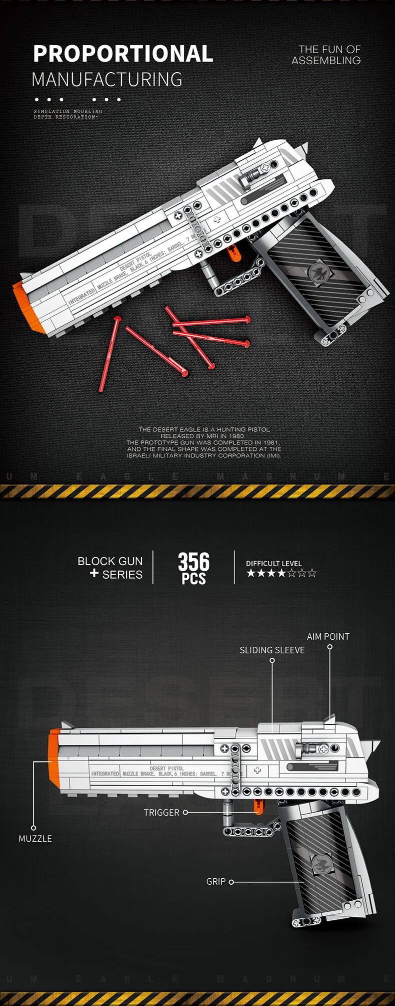Military Series Building Block 356PCS Desert Eagle Pistol Can Shoot Model DIY Assemble Puzzle Brick Wargame Toys Birthday Gift