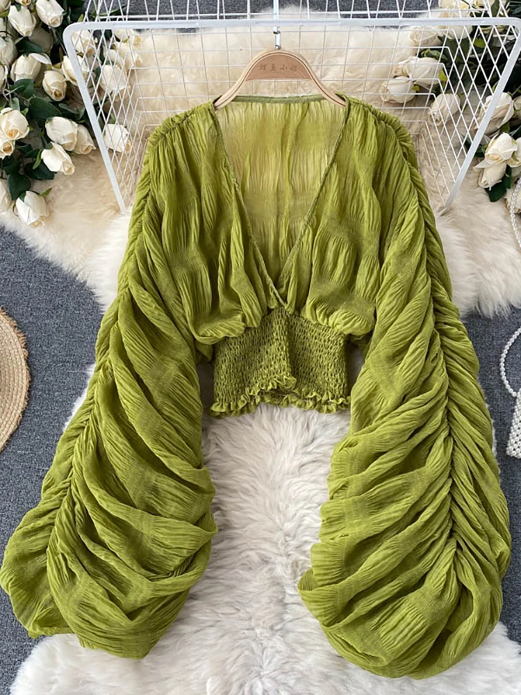 

Летняя сексуальная драпированная шифоновая блузка для женщин, элегантные короткие топы с v-образным вырезом и длинными рукавами, женские тонкие вечерние рубашки, новинка 2023 года, мода