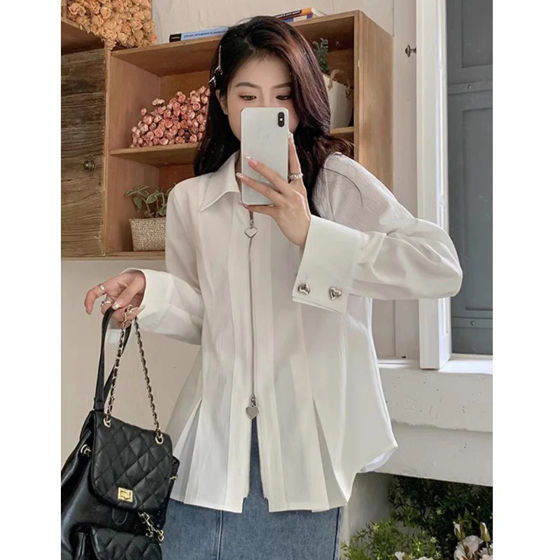 

Women Shirts Blouses Office Ladies Cotton Zipper Loose Tops Solid Color Long Sleeve Fashion Blouse Shirt Female 2024 V97