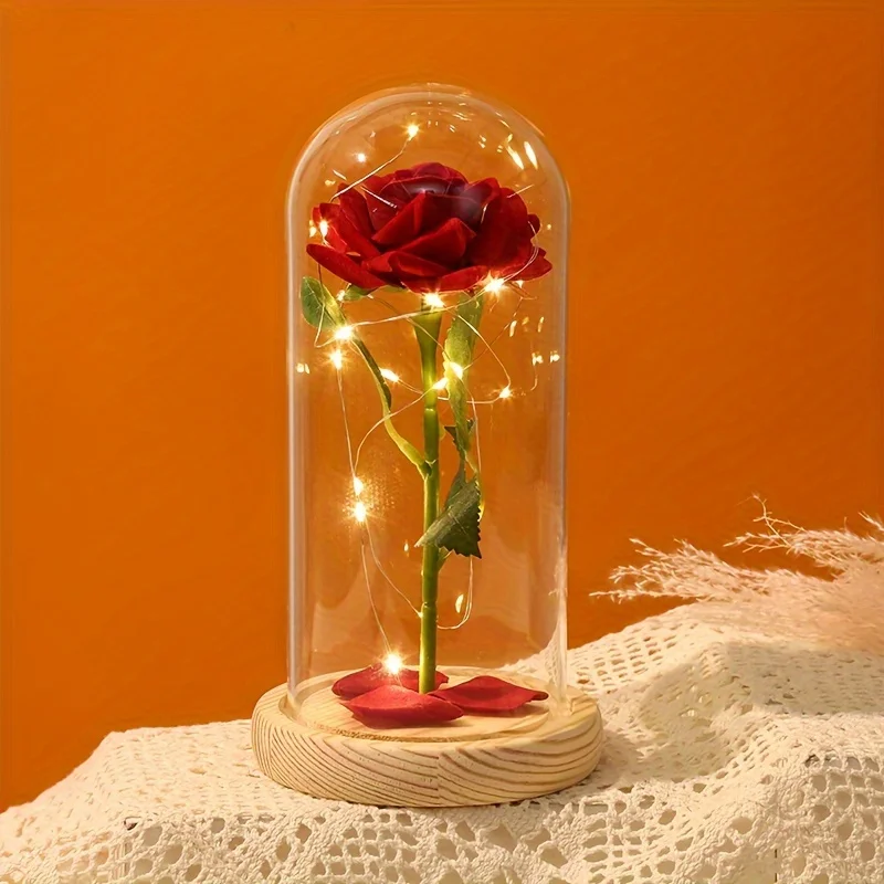 

[Eternal Flower Night Light] 1pc Eternal Flower Glass Dome Night Light | Gift Golden Powder Rose Dried Flower Ornament