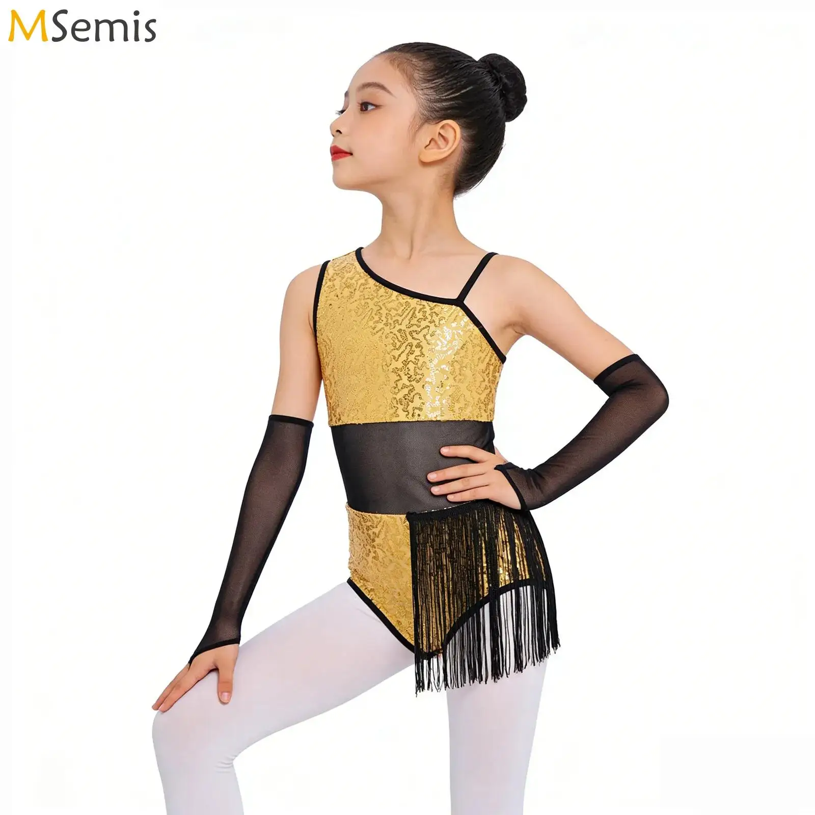 

Детский костюм для девочек: блестящий балетный/латинский танцевальный купальник с пайетками, вырезами и бахромой, с прозрачными сетчатыми перчатками