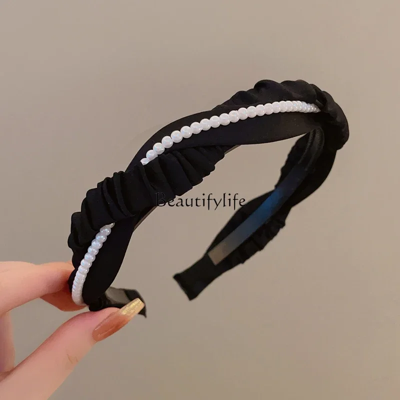 Premium pearl headband pressure hair high cranial top pleated lace headband black temperament hairpin