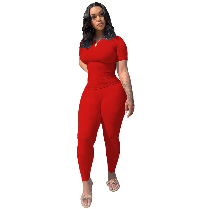 Summer Custom lounge wear women clothing 2023 solid knitted ribbed two piece set women short sleeves skinny legging pant set