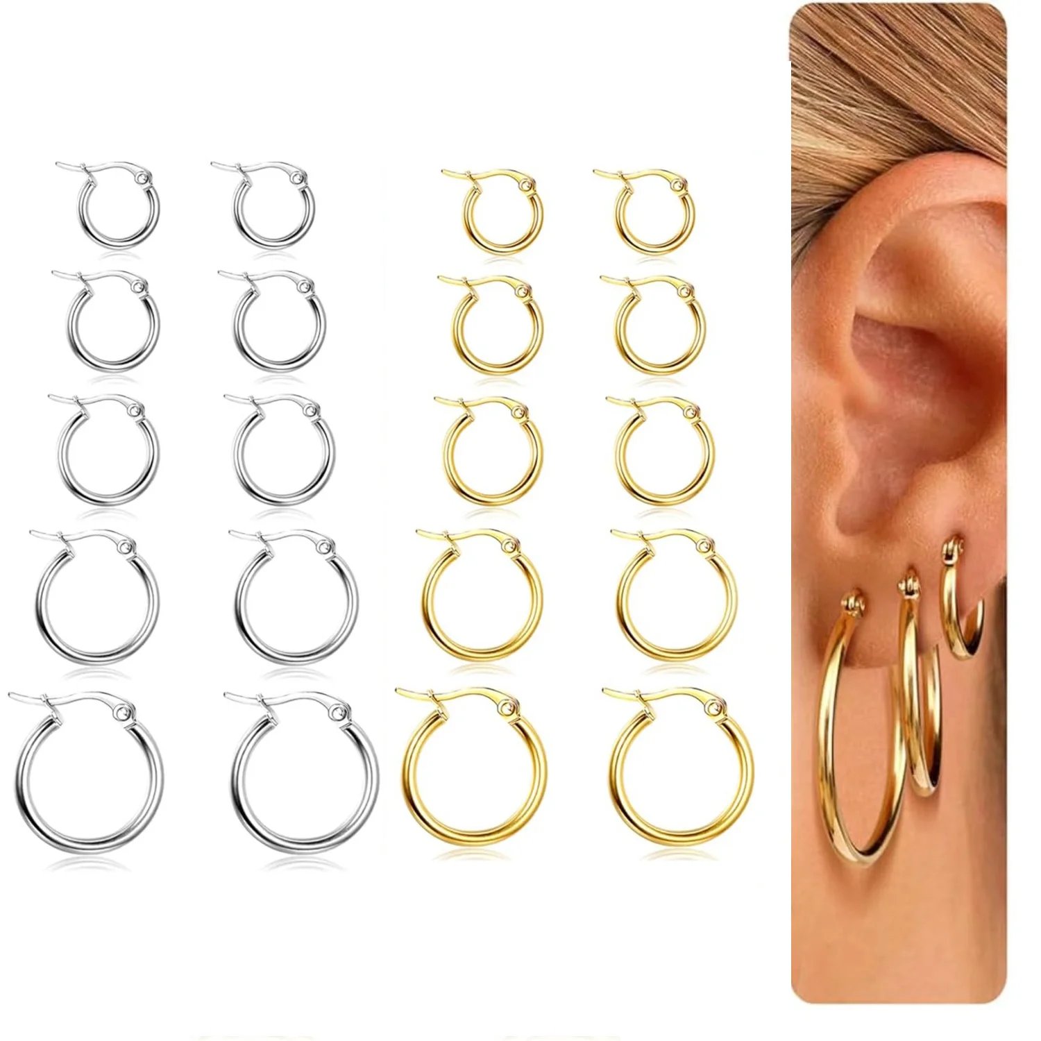 

10 Pairs Hoop Earrings Set for Women Men Surgiacl Stainless Steel Small Huggie Earring Stacks for Multiple Piercing 10-25MM