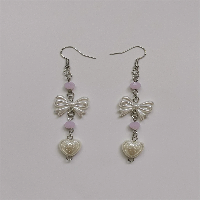 Handmade pink beaded pearl bow heart earrings y2k fairy tale coquettish earrings