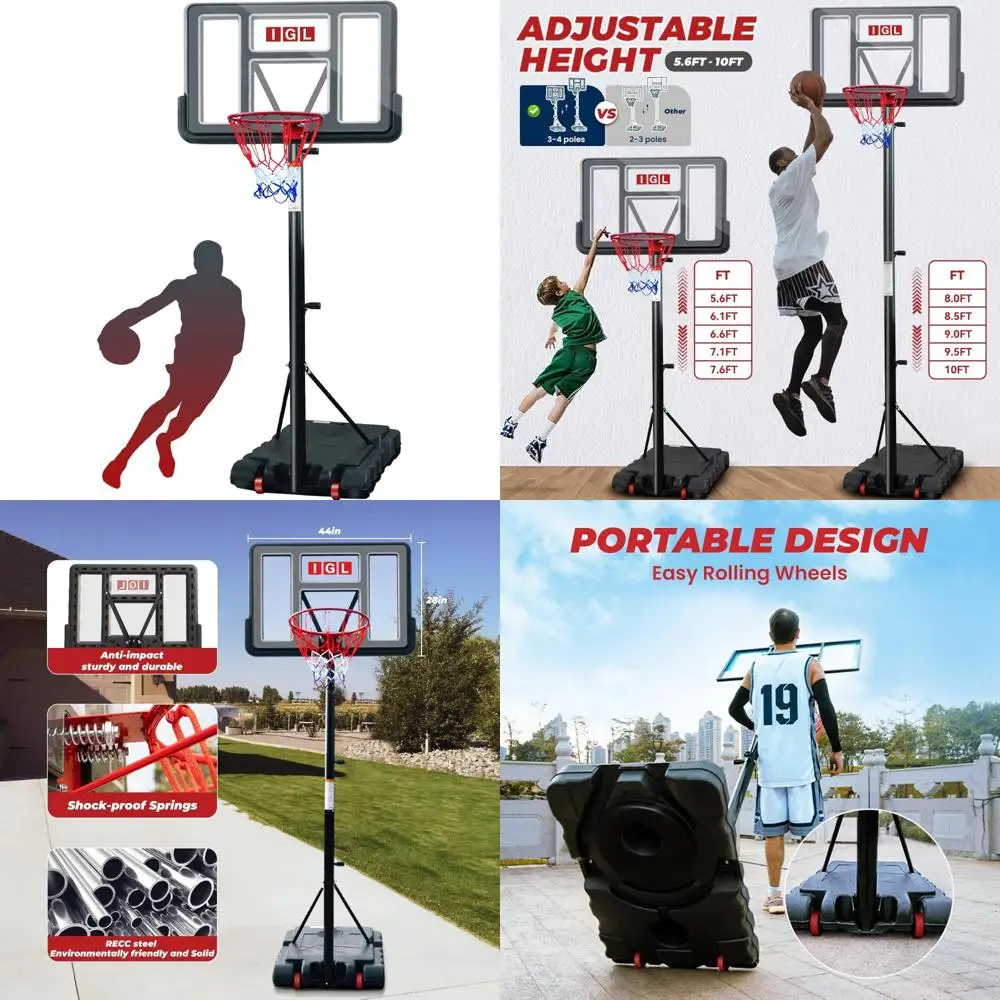 

Adjustable Basketball Hoop System 5.6-10FT, 44 Inch Outdoor Goal for Kids and Youth, Ideal for Backyard Play