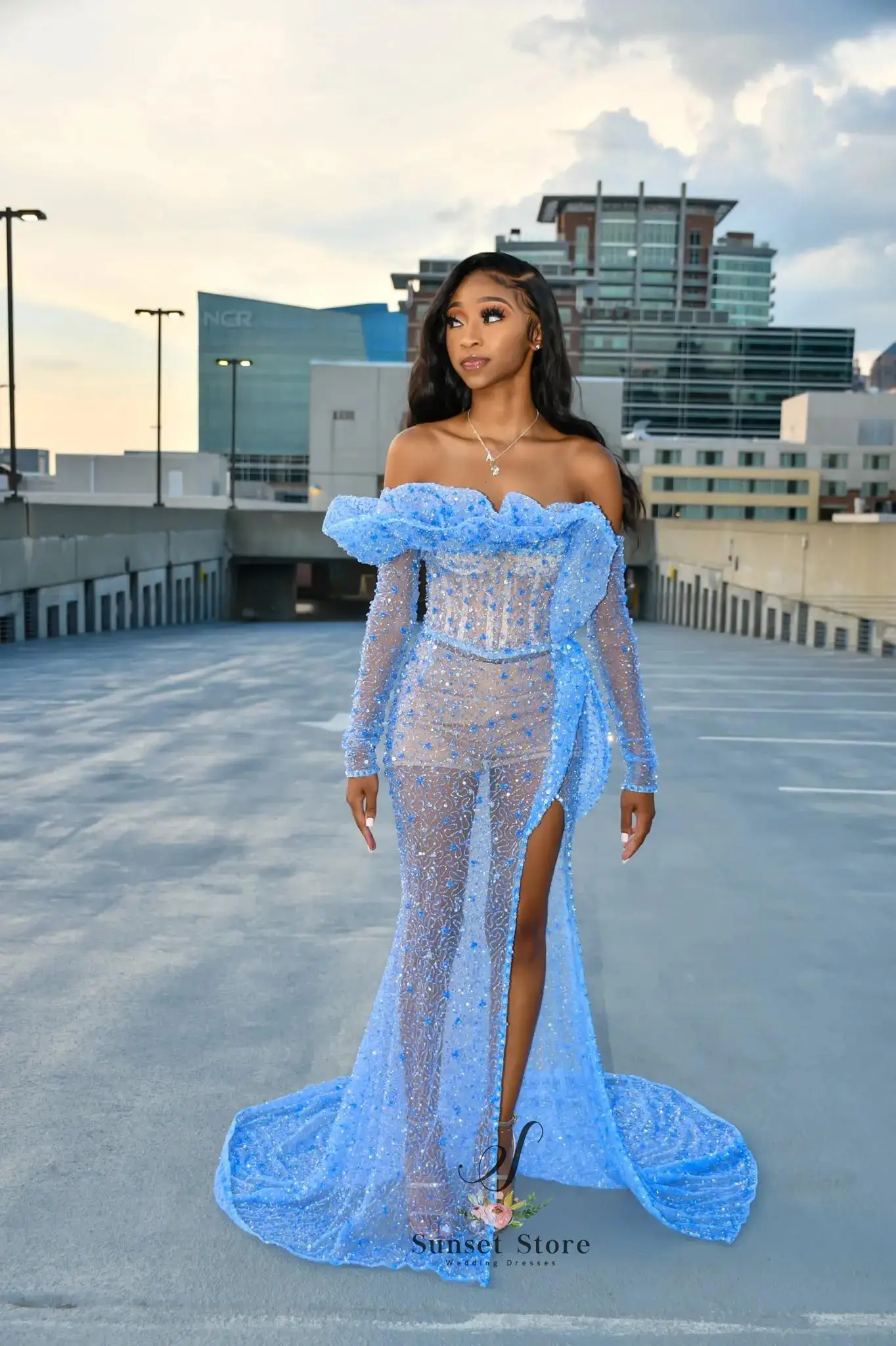 Customized Sexy Prom Dresses Mermaid Ruffles Boat Neck Long Sleeves Split Sequins Shiny Sweep Train Plus Size Women Party Elegan