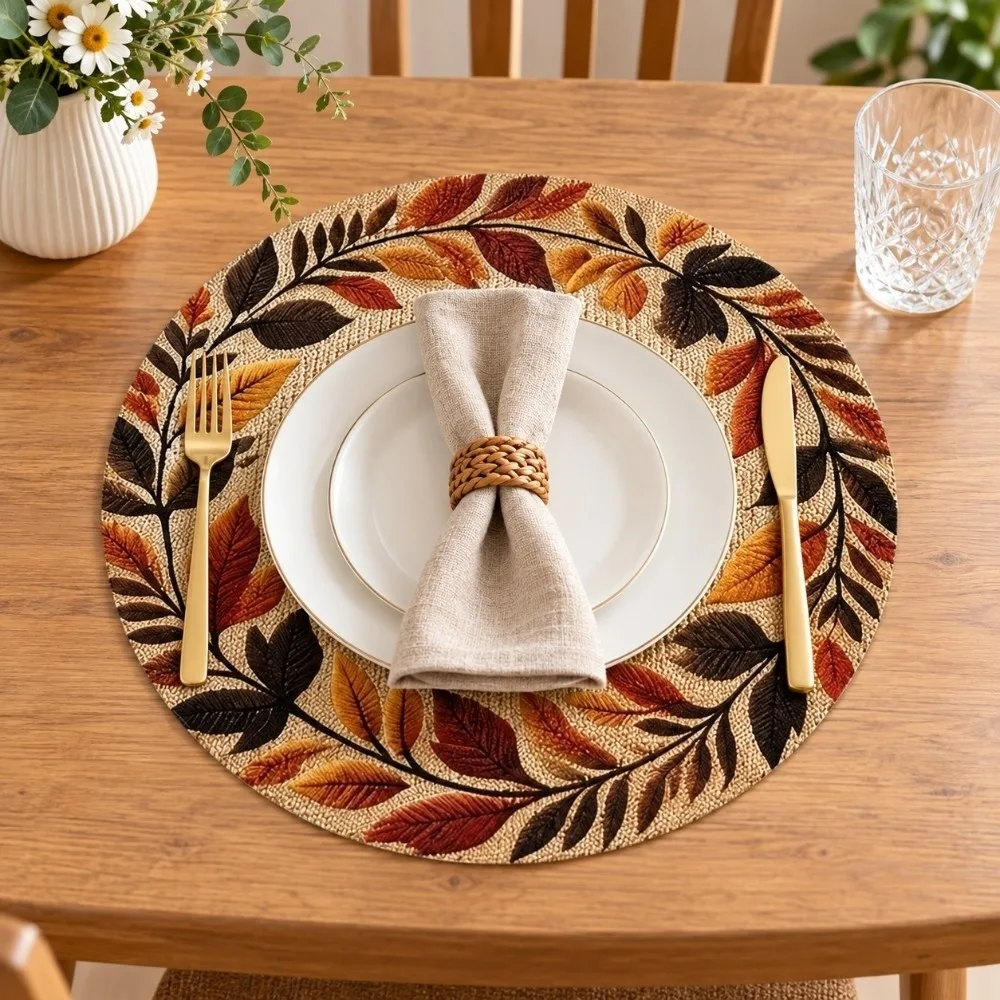 Round Placemat Autumn Leaf Wreath Print 2D Flat Table Mat Heat Insulation Fall Color Dining Decor Pad For Kitchen Dining Table