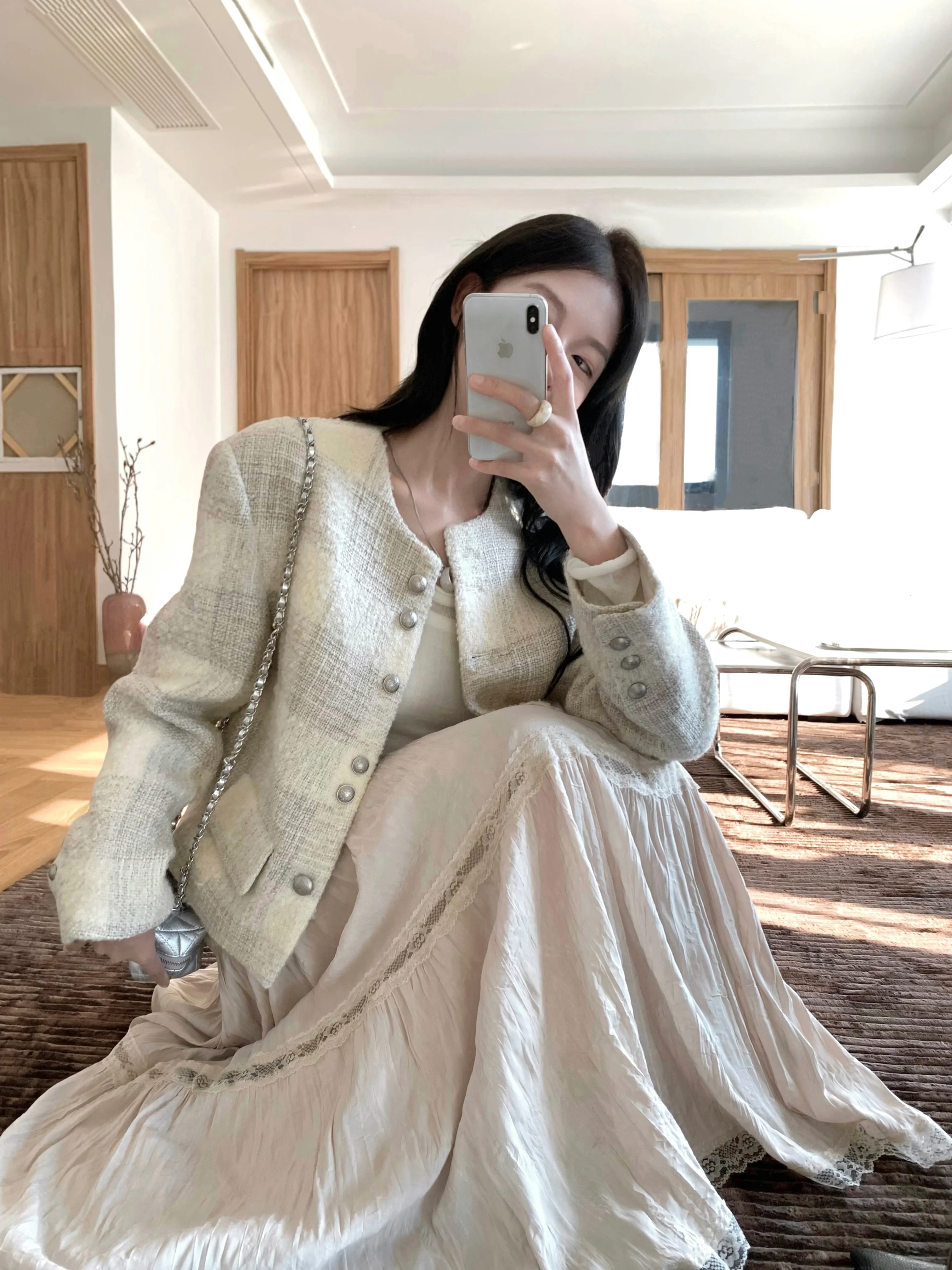 Soolrok Woolen Jacket Women's Elegant Color Block Style Autumn Top White Enhancing Long Sleeve Button Closure Fashionable Out...