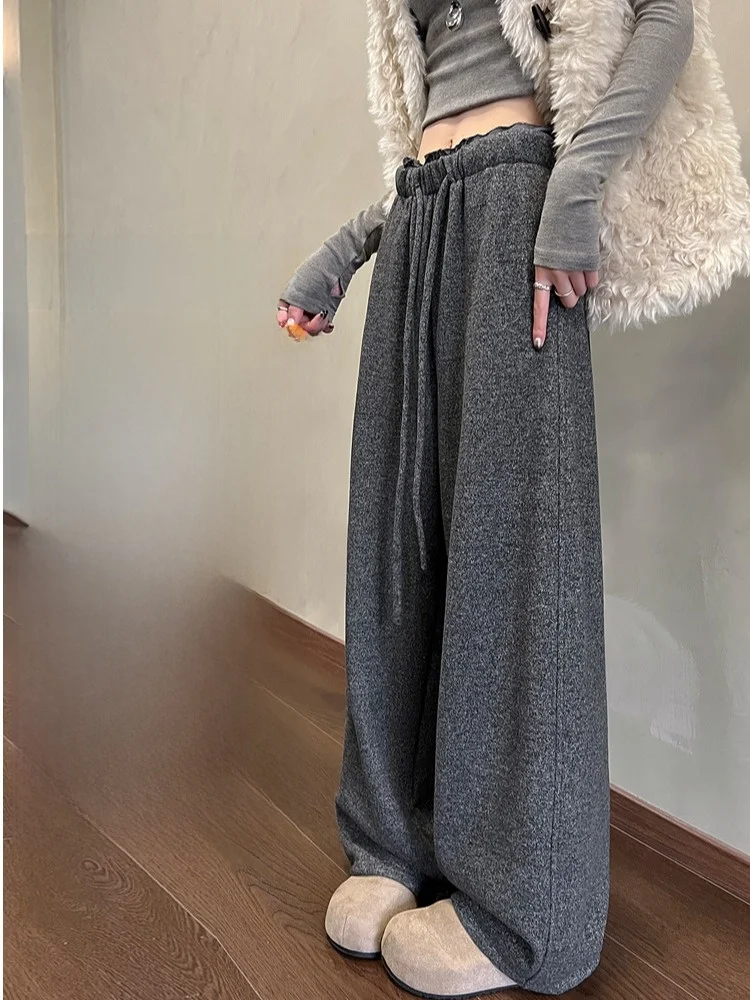 Damskie zimowe ocieplane spodnie z szerokimi nogawkami, codzienne spodnie o prostym kroju, z wysokim stanem, elastycznym pasem, z włókna poliestrowego.