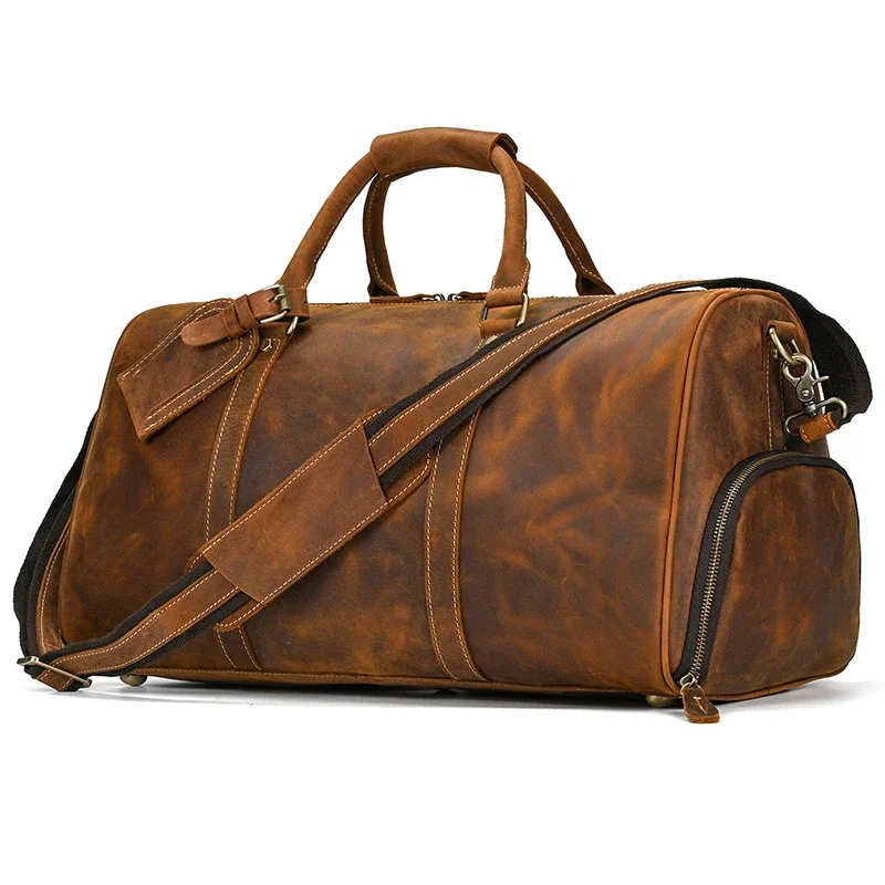 

Stylish Luxury Travel Weekend Bag Crazy Horse Genuine Leather Duffel Bag With Shoe Compartment