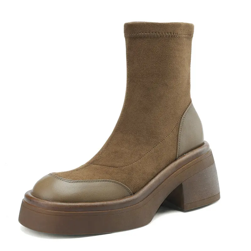 

2024 Women Ankle Boots Autumn Winter Flock Casual Platform Thick High Heels Slip On Shoes Woman Stretch Size 34-42