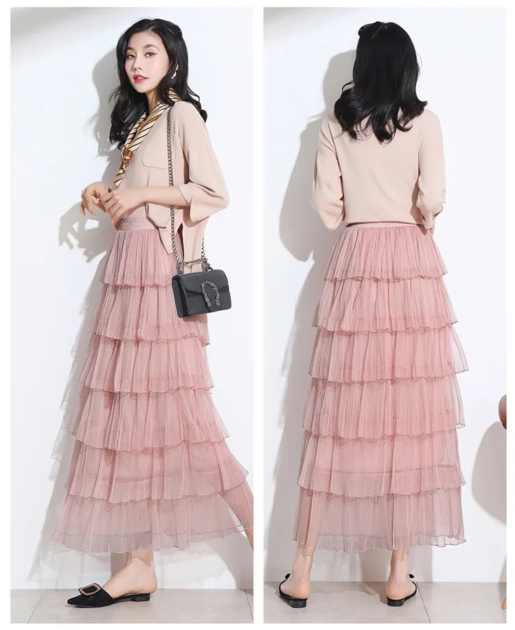 

Elegant Long Tulle Skirt Women Pink Black Princess Tiered Skirts Female Lace Mesh Skirt Girl Long Maxi SKirts Femme