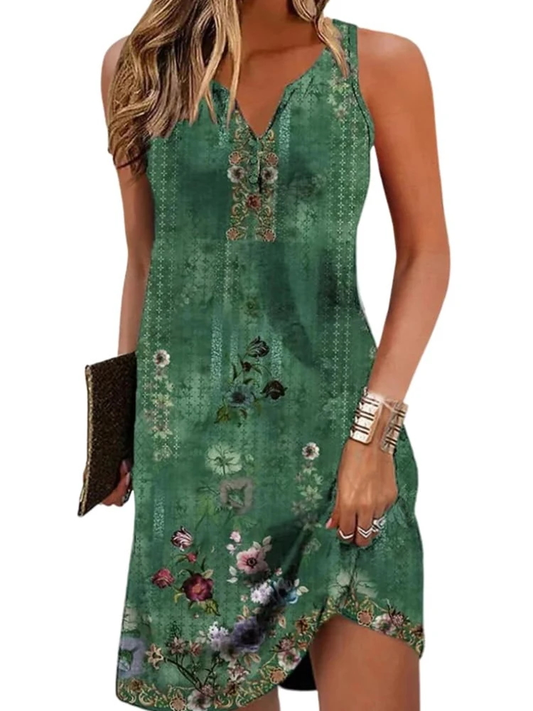 البوهيمي العرقية نمط ثلاثية الأبعاد مطبوعة أكمام الخامس الرقبة الركبة طول بذلة ، الصيف فضفاضة وعادية المرأة تنورة قصيرة S-XL