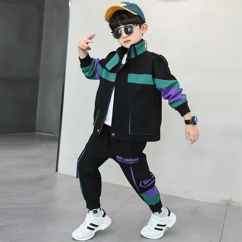 Fashion Baby Boys Clothes Patchwork Stripes Jackets+Pants 2Pcs Sets Autumn Kids Coats Sports Suits Childrens Letter Tracksuits