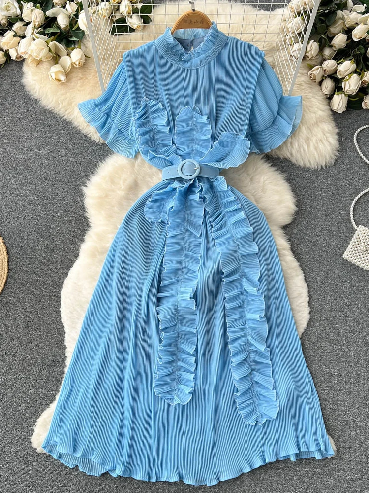 Summer Clothing for Women White/black Dress Slim  Ruffle Edge Short Sleeved Fold with Belt Office Ladies Wedding Dresses