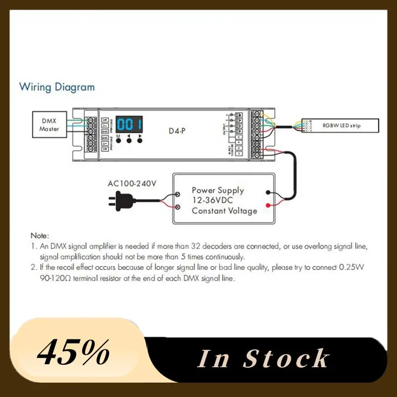 D4-P 4 Channel PWM Constant Voltage DMX &RDM LED Decoder Controller Digital Display XLR3 RJ45 Port DC12-36V Input 8Ax4ch Black