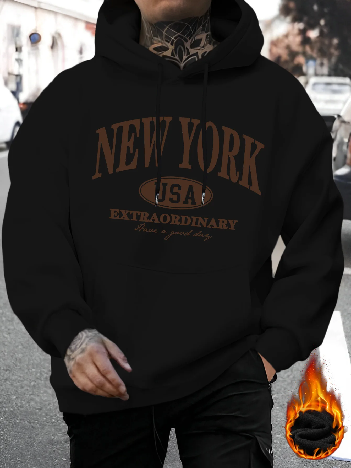 Men's New York Printed Casual Sweater Fashion Drawstring Hoodie Autumn and Winter Top Comfortable Versatile Long Sleeve Hooded Sweater (Niuwang Selection}