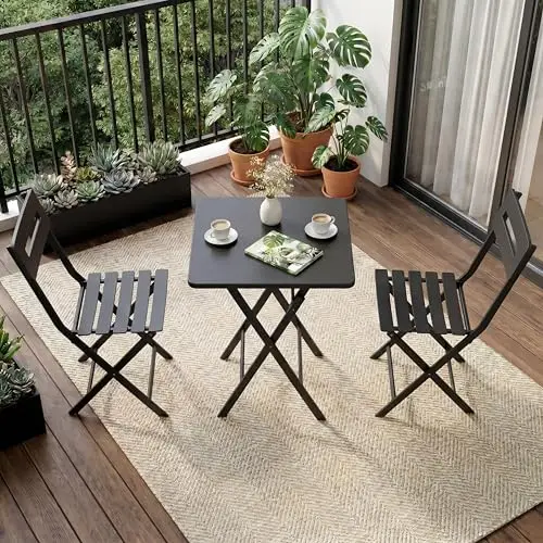 3 Piece Outdoor Folding Bistro Set, Weather Resistant Steel Frame with Table & 2 Collapsible Chairs, Compact, Durable