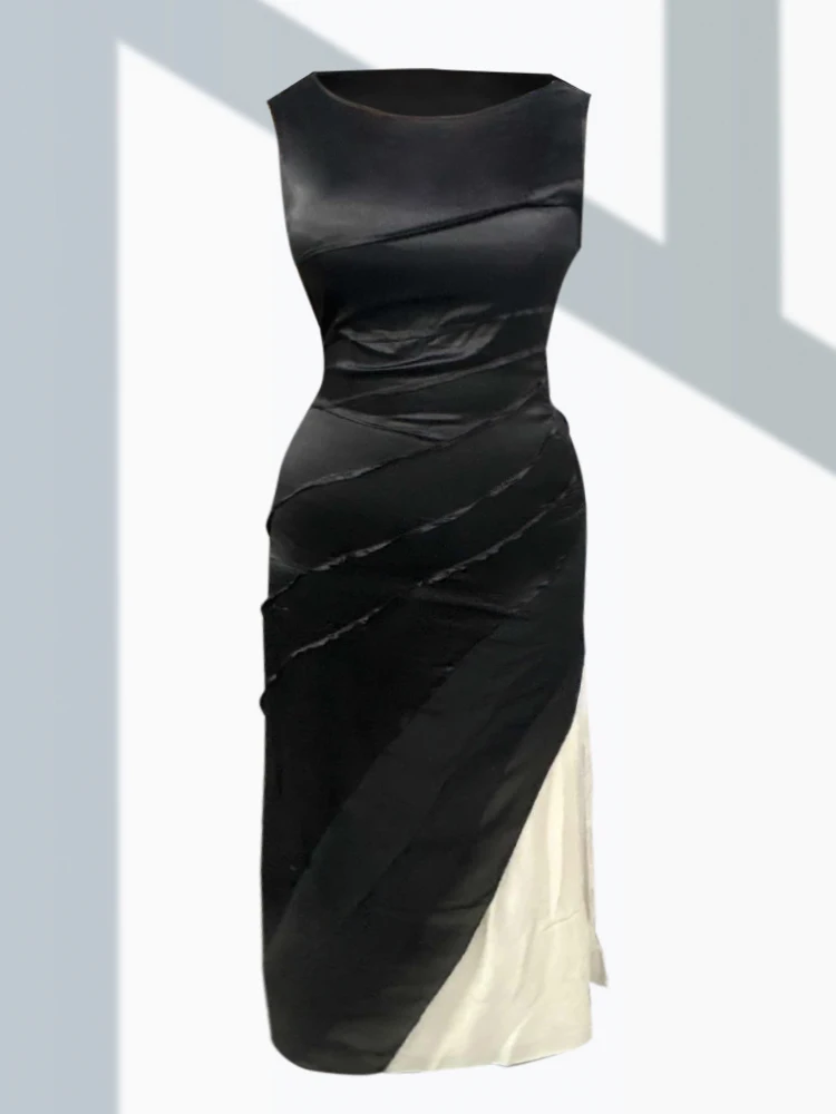 グラデーションパッチワーク女性用タンクドレス、ファッショナブルなボートネックノースリーブプリーツAラインガウン、シックなフロア丈プロムイブニングドレス