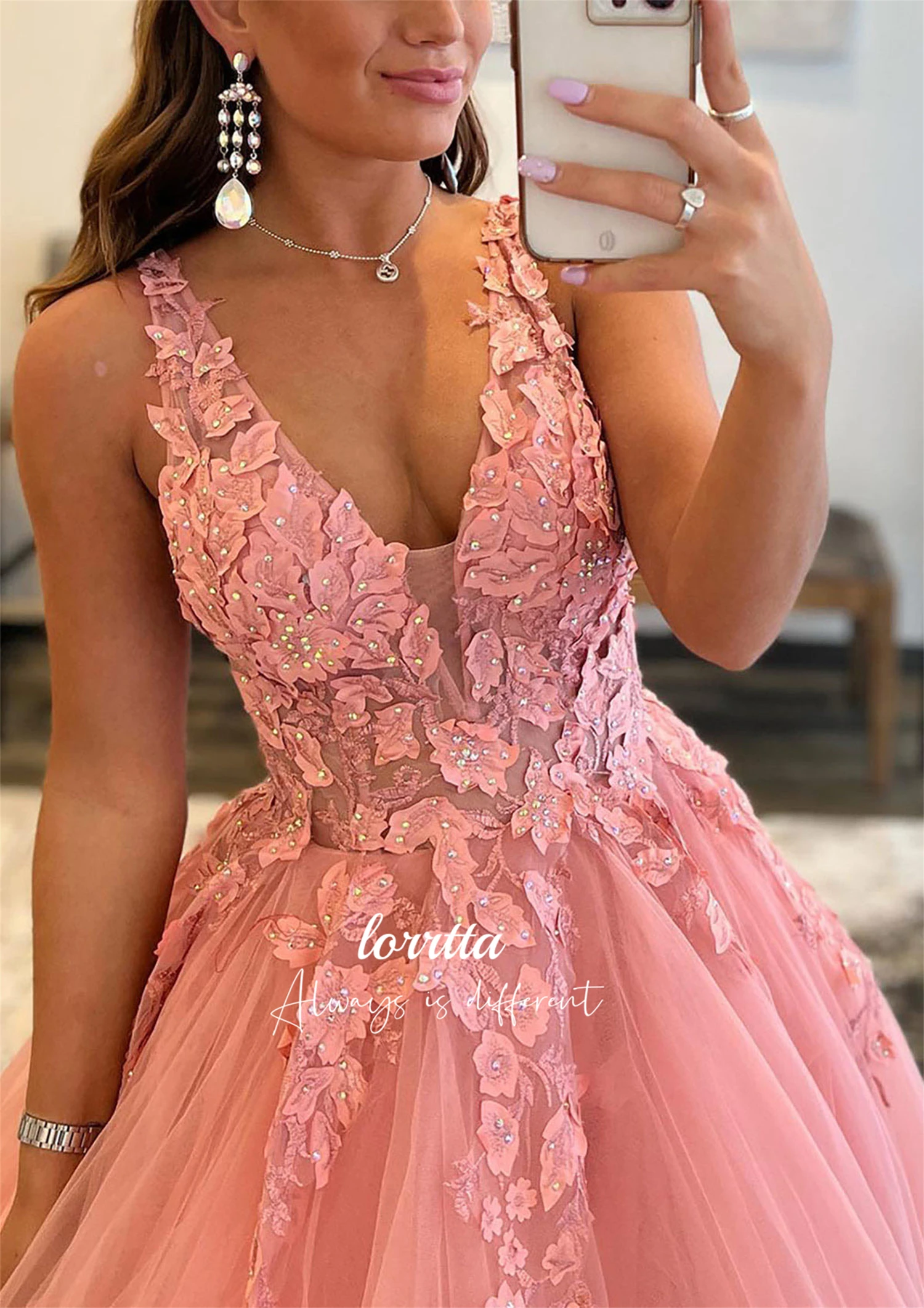 Lorrtta Woman Wedding Party Dress Mesh V-neck Line A Pink Graduation Gown Luxurious Evening Dresses 2024 Luxury Ball Gowns Prom