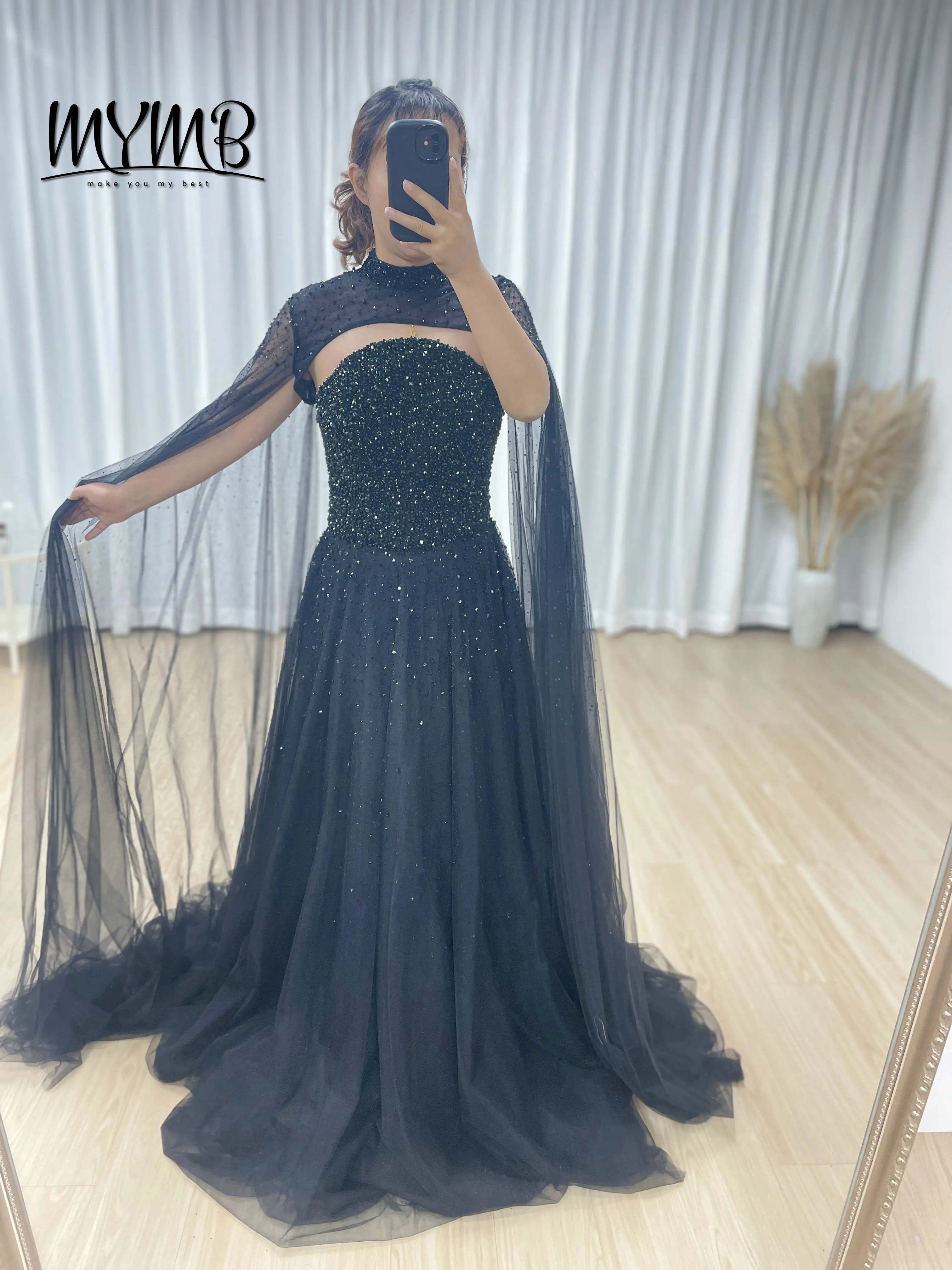 MYMB Luxury Couture Handmade Evening Gown for Women Stylish Diamond Embellished Top With Detachable Cap Formal for Party MB40306