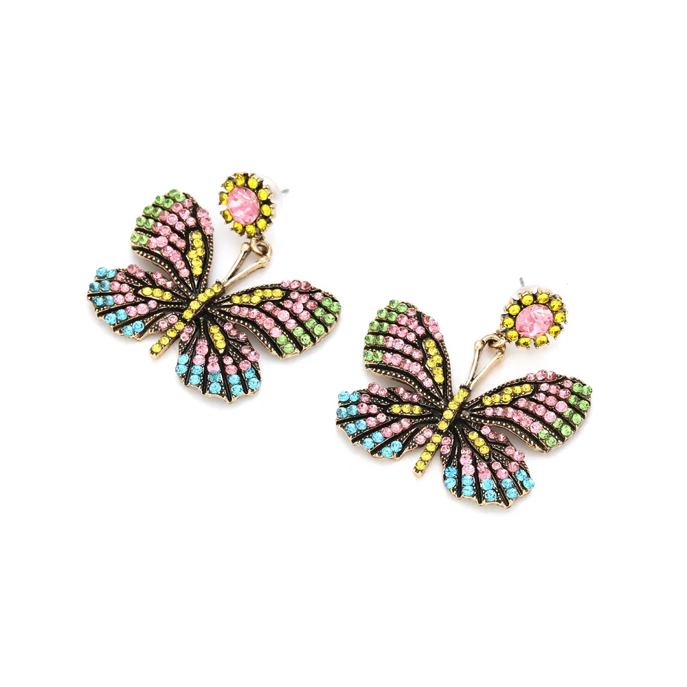 Exaggerated creative colored diamond butterfly earrings retro alloy diamond insect earrings  female source