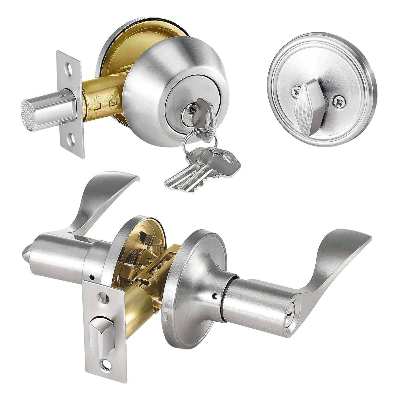 Entry Door Locksets Deadbolt 5 Pack Satin Nickel Entry Lever Single Cylinder Deadbolt Alike Combo Pack Fit 1-3/8 to 1-3/4