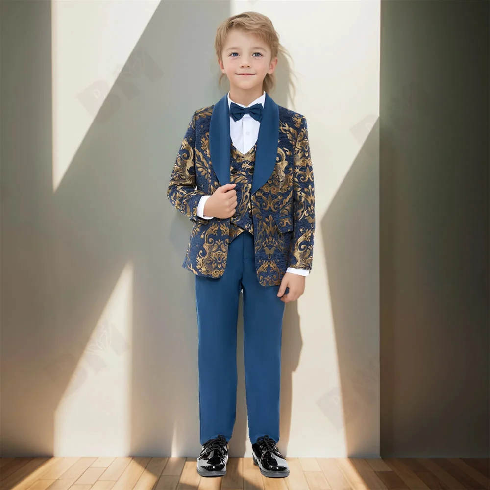

Elegant Boy's Suit Set 4pcs Gold Paisley Kids Formal Tuxedo Wedding Ring Bearer Prom Outfit Stylish Child Suits Jacket Pants