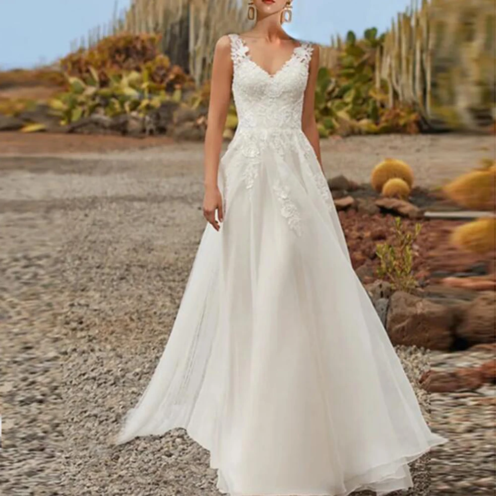 

ZJ9340 Beach Bohemian Simple A Line Wedding Dress 2024 V Neck Sleeveless Lace Applique For Women Weeding Gown