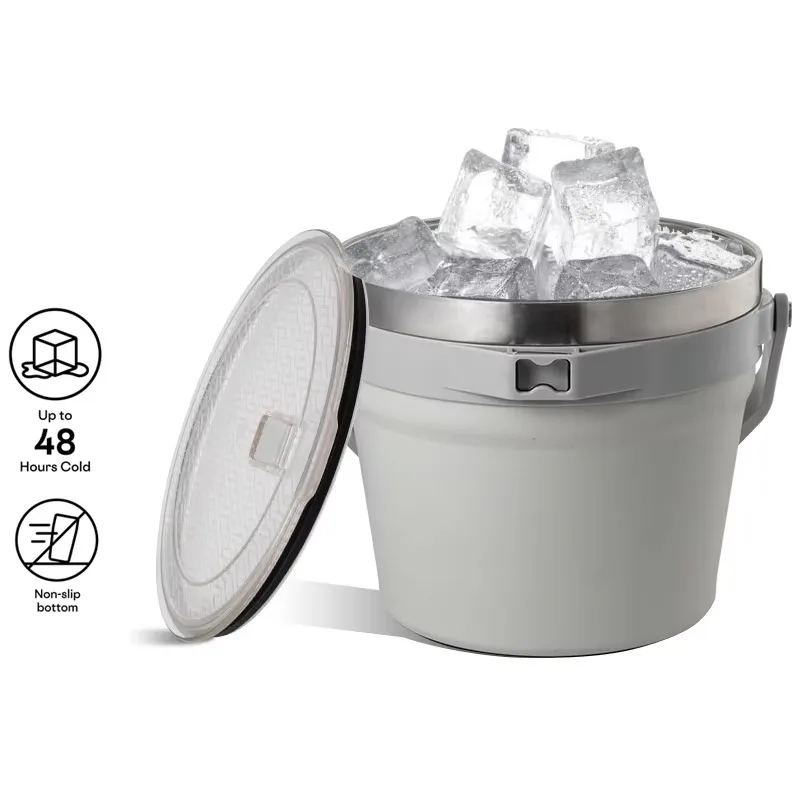 Beverage bucket, double-wall vacuum-insulated stainless steel ice bucket with lid and ice tongs