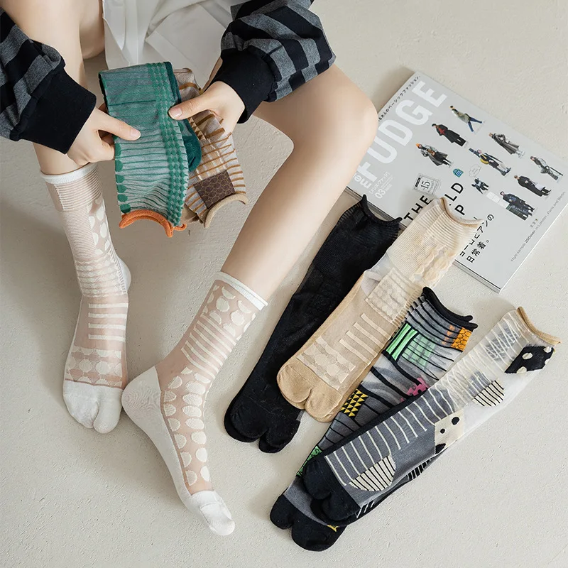 Summer Ultra-Thin Crystal Silk Sheer Frilly Tabi Socks Japanese Women Toe Socks Literary Personality Female Toe Socks