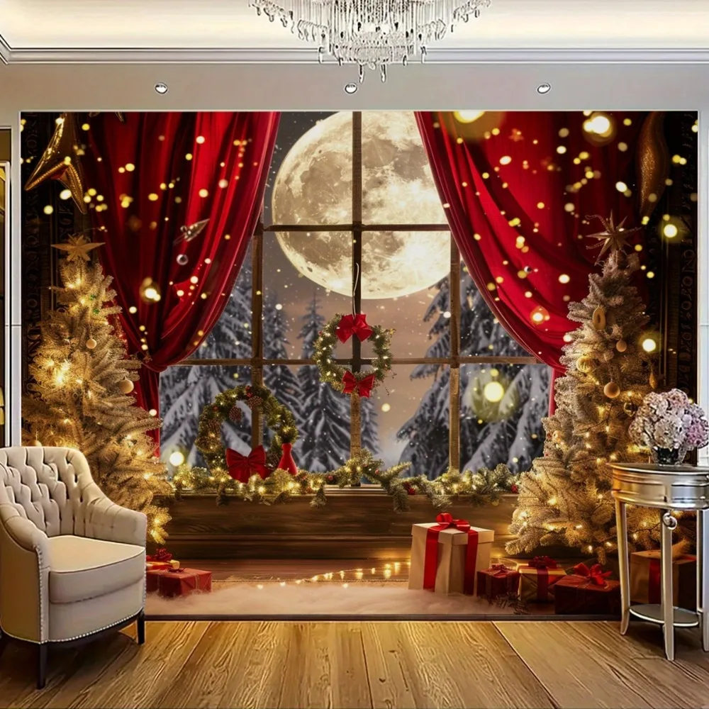 Christmas tree and moon window background banner, 1 polyester photographic background cloth