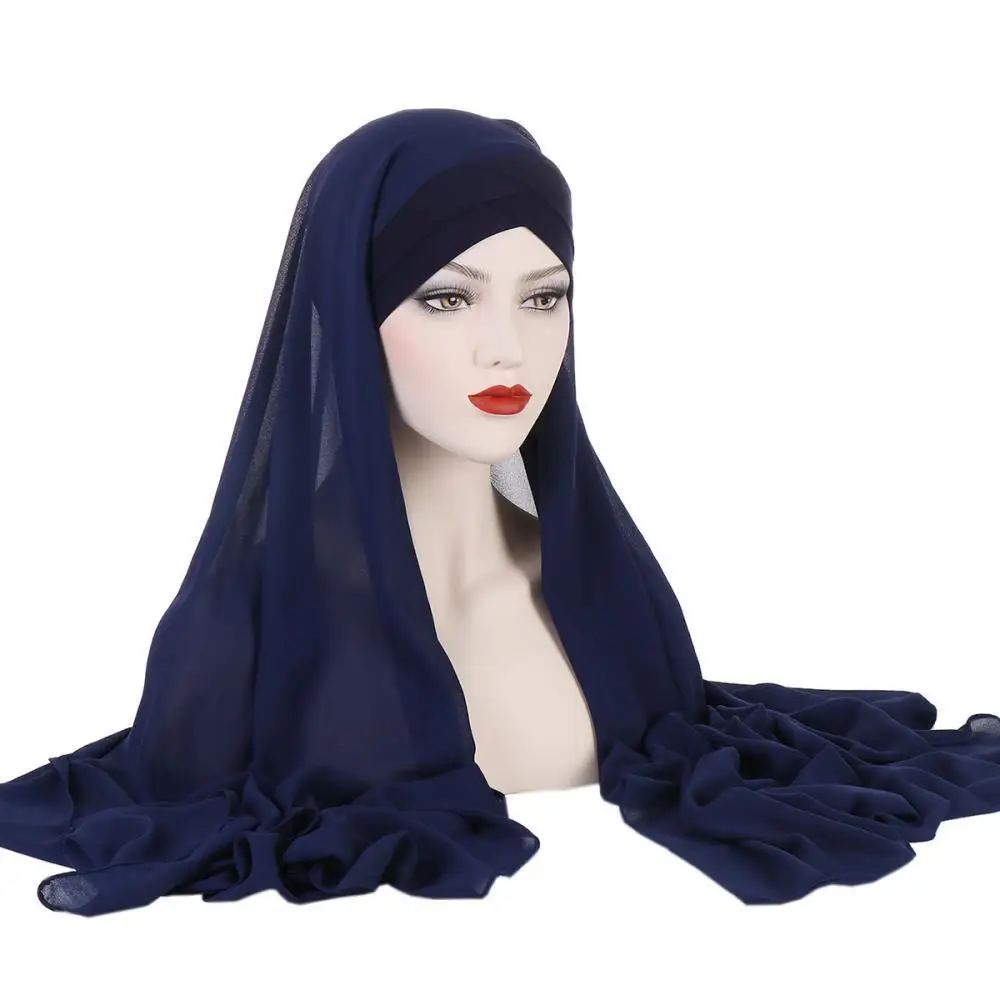 Donne Chiffon Hijab moda solido foulard con cappello interno set primavera autunno traspirante signore foulard blu caffè bianco