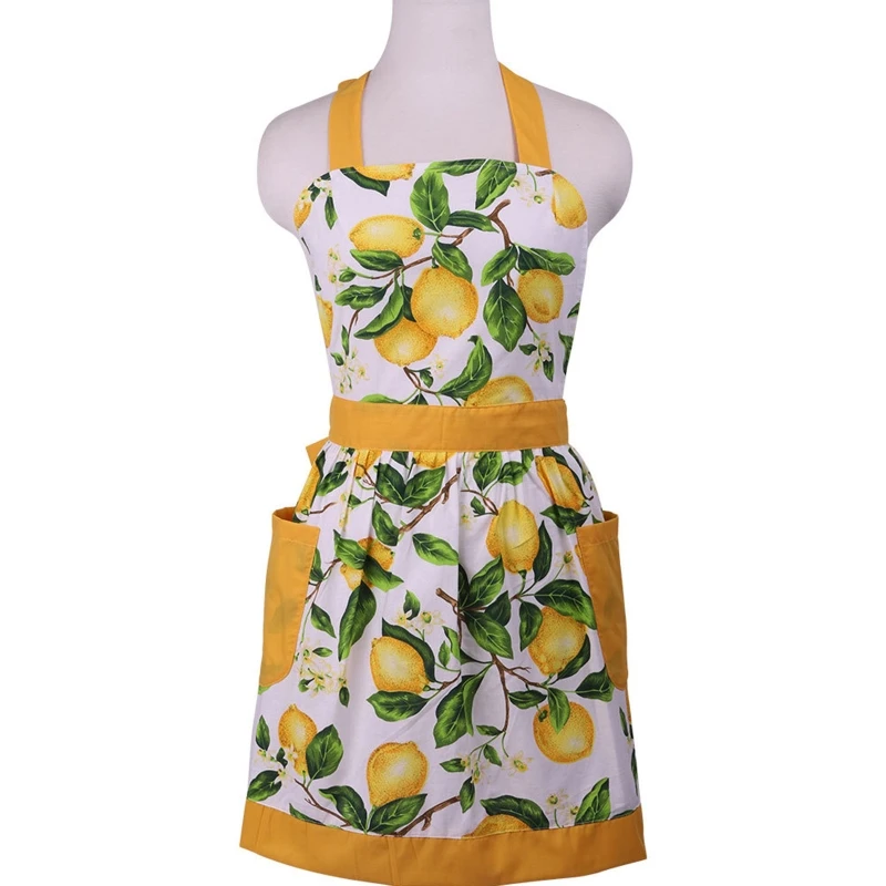 Green Leaves Lemon Kitchen Apron with Pockets No Sleeve Hanging Neck Waist Strap for Adults Women Cooking Painting Drop shipping