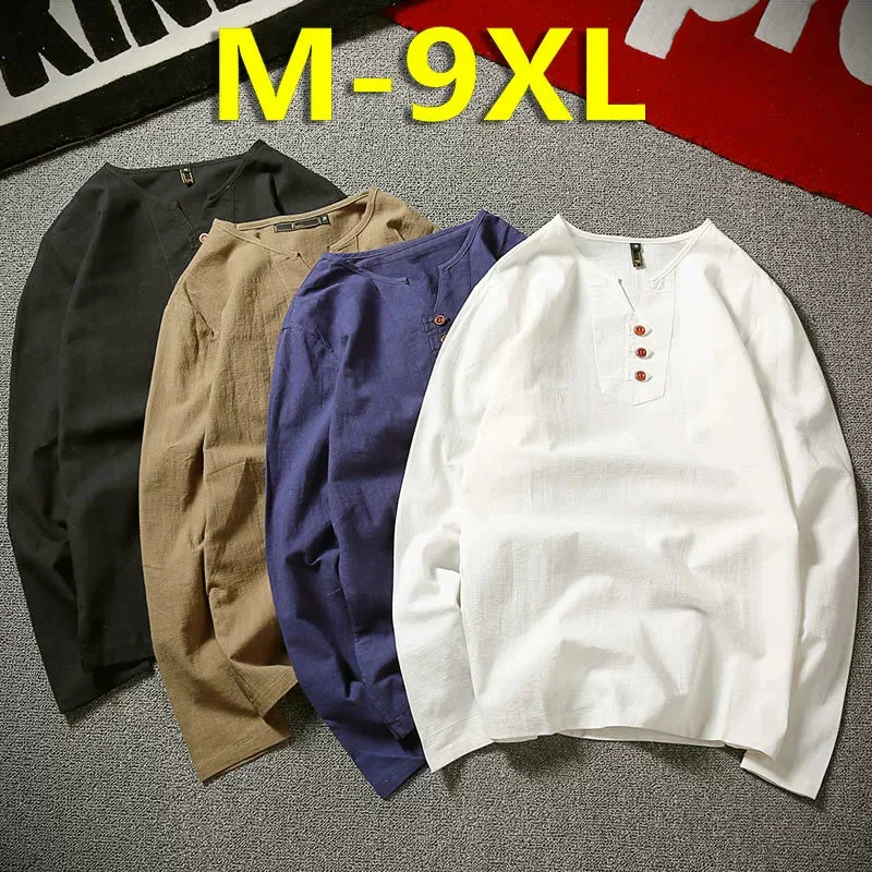 

Льняная футболка 9XL, мужская весенне-осенняя футболка, модные повседневные льняные футболки, мужская футболка с воротником на пуговицах, большие размеры 8XL 9XL 170 кг