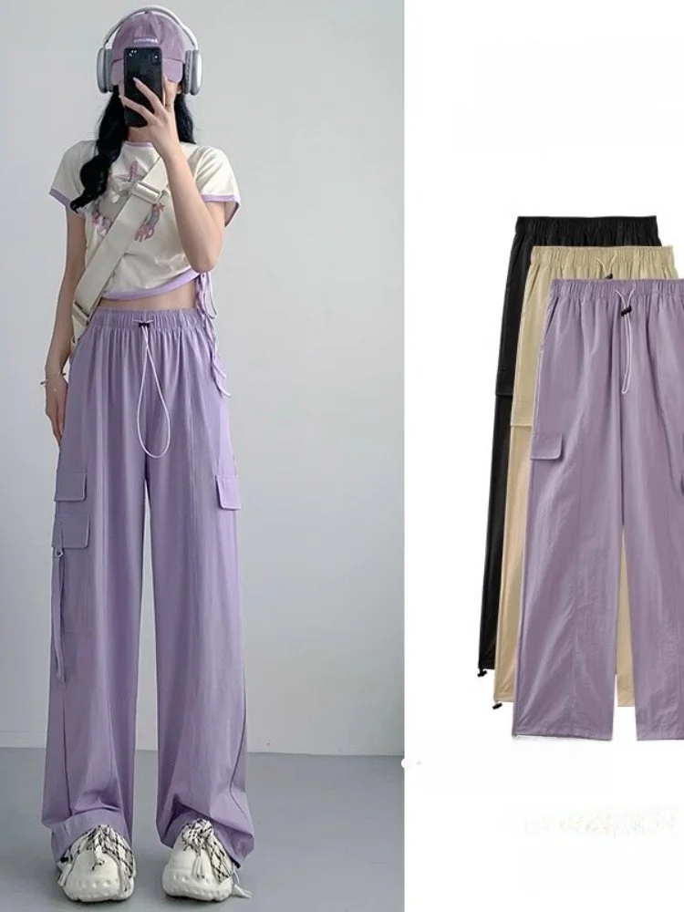 

Фиолетовые рабочие брюки-парашюты женские зимние с высокой талией, свободные, повседневные, для альпинизма, прямого кроя, из ледяного шелка, быстросохнущие, спортивные