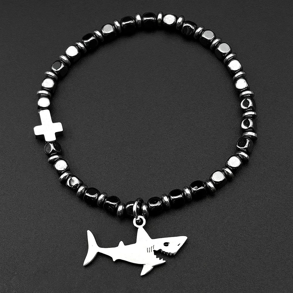 

Ocean Fish Shark Hand Chain For Women Men Stainless Steel Silver Color Sea Style Cross Stone Beads Male Bracelet Jewelry Gifts