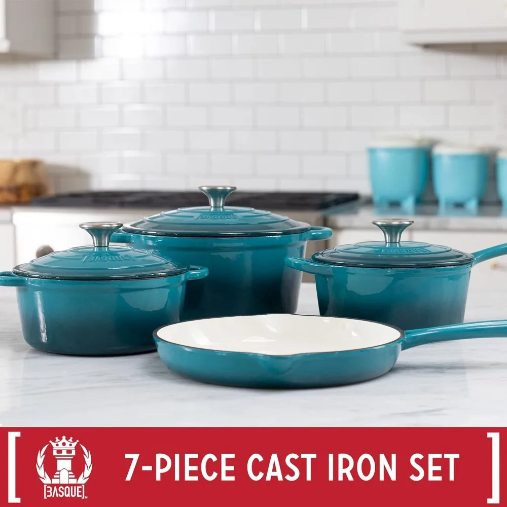 Basque Enameled Cast Iron Cookware Set, 7-Piece Set (Biscay Blue), Nonstick, Oversized Handles, Oven Safe; Skillet, Saucepan