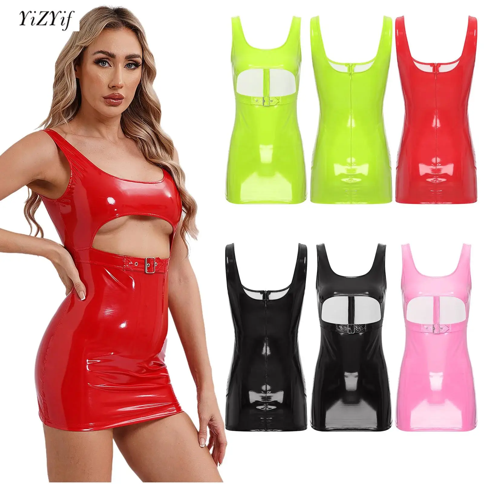 

Sexy Women's Dress Wet Look Patent Leather Sleeveless Front Cutout Decorative Belt Bodycon Mini Dress Party Clubwear Nightwear