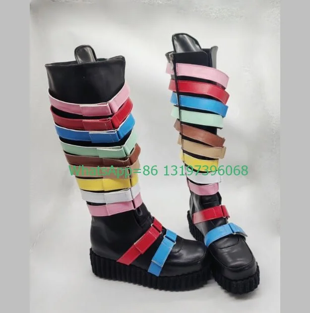 Lady muti-buckle colorful platform Mary Janes boots strap colorfur design Y2K dance boots gothic cowboy boots footwear size 3446