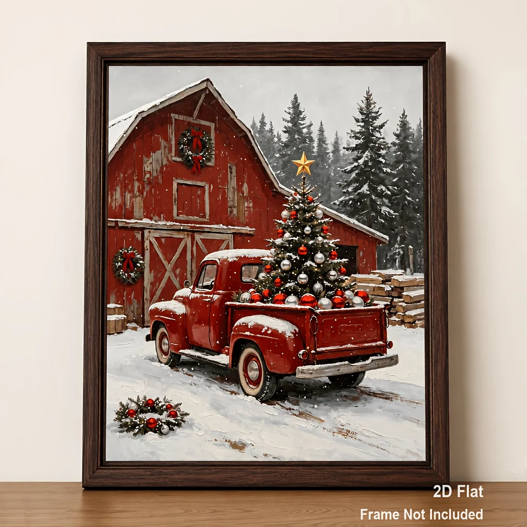 (No frame)2D Flat, Posters & Prints Retro Vintage Red Pickup Truck Carrying Decorated Christmas Tree In Snowy Winter Yard Wal
