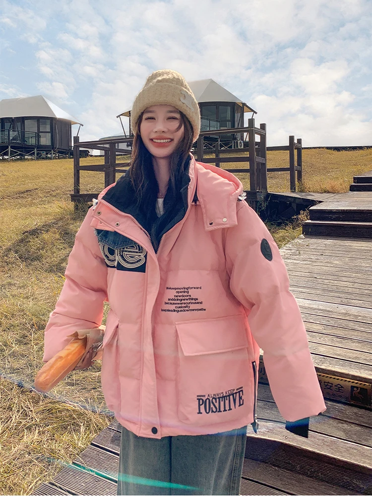 Winter White Duck Down Hooded Outwears Women Embroidery Color Blocking Splicing Down Jacket Female Warm Thick Loose Down Jacket